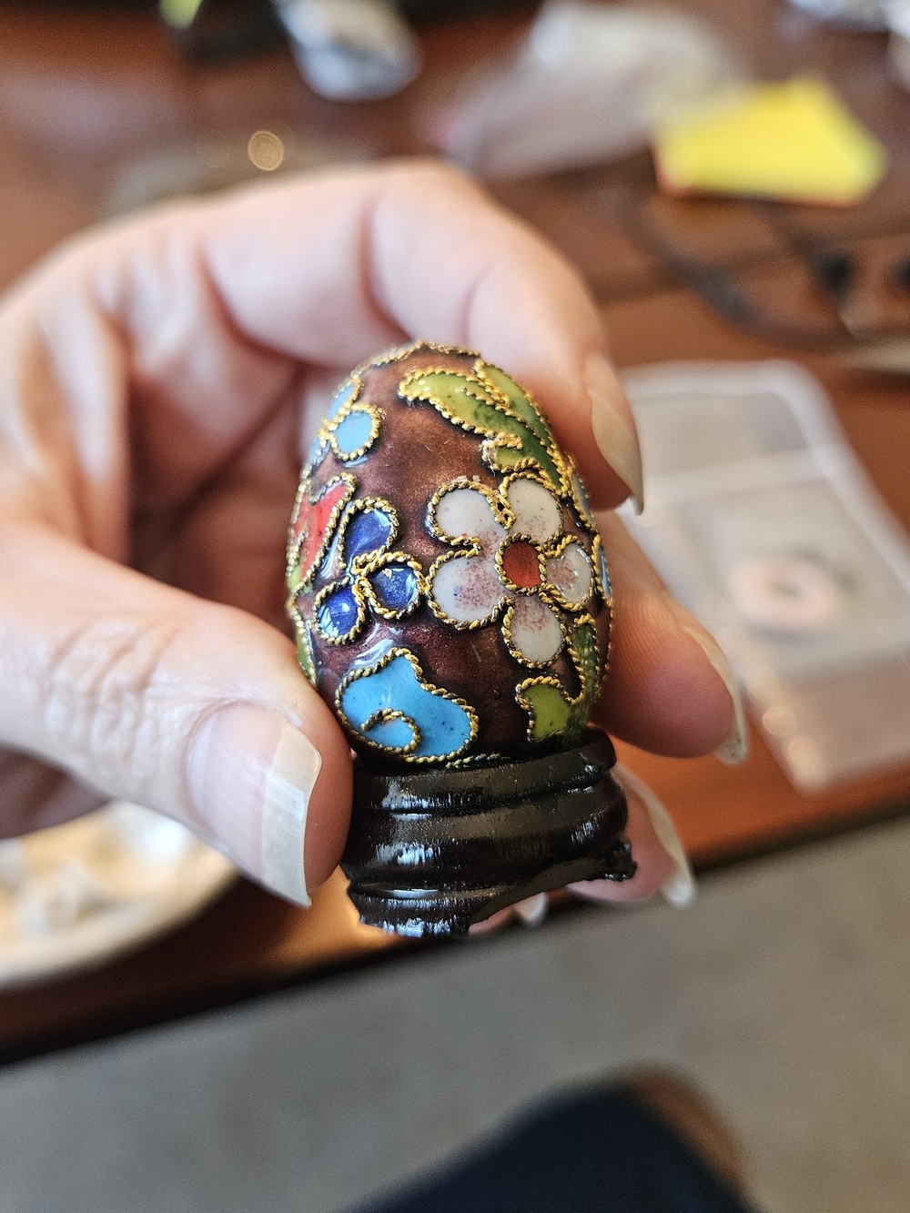 Vintage Cloissone Hand-Painted Floral Enamel Egg Trinket with Stand - Multicolor